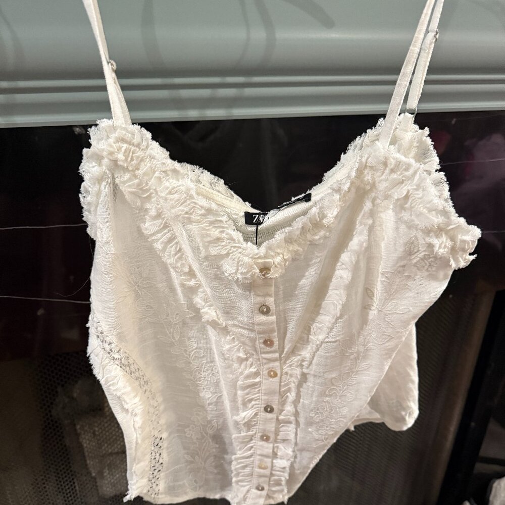 Zara EMBROIDERED COTTON GAUZE TOP Size Small